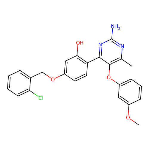 2-(2-amino-5-(3-methoxyphenoxy)-6-methylpyrimidin-4-yl)-5-((2-chlorobenzyl)oxy)phenol structure