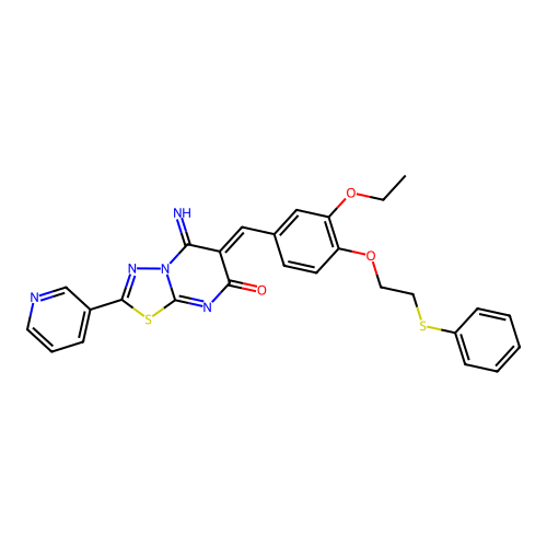 (6Z)-6-[[3-ethoxy-4-(2-phenylsulfanylethoxy)phenyl]methylidene]-5-imino-2-pyridin-3-yl-[1,3,4]thiadiazolo[3,2-a]pyrimidin-7-one structure