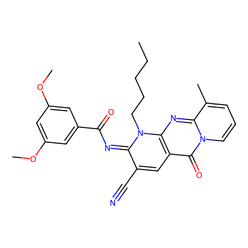 (E)-N-(3-cyano-10-methyl-5-oxo-1-pentyl-1H-dipyrido[1,2-a:2',3'-d]pyrimidin-2(5H)-ylidene)-3,5-dimethoxybenzamide structure