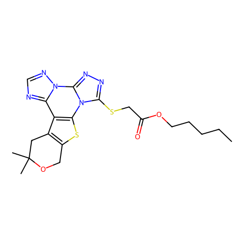pentyl [(12,12-dimethyl-12,13-dihydro-10H-pyrano[4',3':4,5]thieno[3,2-e]bis[1,2,4]triazolo[4,3-a:1',5'-c]pyrimidin-7-yl)sulfanyl]acetate structure