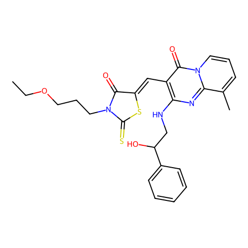 3-{(Z)-[3-(3-ethoxypropyl)-4-oxo-2-thioxo-1,3-thiazolidin-5-ylidene]methyl}-2-[(2-hydroxy-2-phenylethyl)amino]-9-methyl-4H-pyrido[1,2-a]pyrimidin-4-one structure