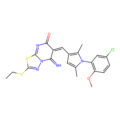 (6E)-6-[[1-(5-chloro-2-methoxyphenyl)-2,5-dimethylpyrrol-3-yl]methylidene]-2-ethylsulfanyl-5-imino-[1,3,4]thiadiazolo[3,2-a]pyrimidin-7-one structure