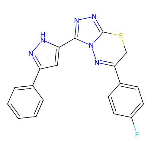 6-(4-fluorophenyl)-3-(3-phenyl-1H-pyrazol-5-yl)-7H-[1,2,4]triazolo[3,4-b][1,3,4]thiadiazine structure