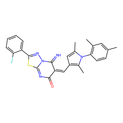 (E)-6-((1-(2,4-dimethylphenyl)-2,5-dimethyl-1H-pyrrol-3-yl)methylene)-2-(2-fluorophenyl)-5-imino-5H-[1,3,4]thiadiazolo[3,2-a]pyrimidin-7(6H)-one structure