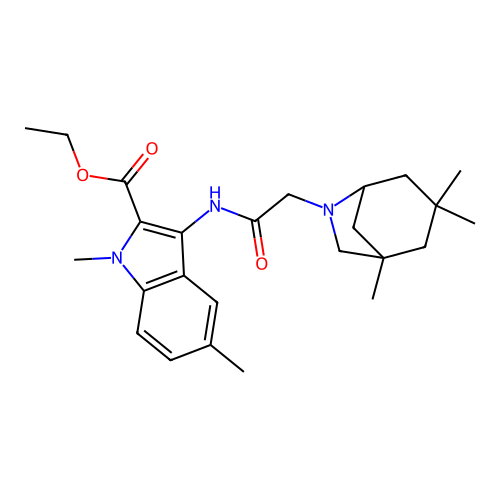 ethyl 1,5-dimethyl-3-(2-(1,3,3-trimethyl-6-azabicyclo[3.2.1]octan-6-yl)acetamido)-1H-indole-2-carboxylate structure