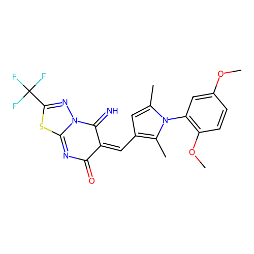 (E)-6-((1-(2,5-dimethoxyphenyl)-2,5-dimethyl-1H-pyrrol-3-yl)methylene)-5-imino-2-(trifluoromethyl)-5H-[1,3,4]thiadiazolo[3,2-a]pyrimidin-7(6H)-one structure