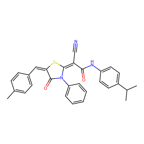 (2E)-2-cyano-2-[(5E)-5-(4-methylbenzylidene)-4-oxo-3-phenyl-1,3-thiazolidin-2-ylidene]-N-[4-(propan-2-yl)phenyl]ethanamide structure