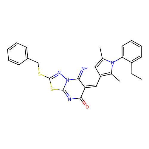 (E)-2-(benzylthio)-6-((1-(2-ethylphenyl)-2,5-dimethyl-1H-pyrrol-3-yl)methylene)-5-imino-5H-[1,3,4]thiadiazolo[3,2-a]pyrimidin-7(6H)-one structure