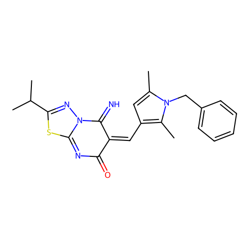 (6E)-6-[(1-benzyl-2,5-dimethylpyrrol-3-yl)methylidene]-5-imino-2-propan-2-yl-[1,3,4]thiadiazolo[3,2-a]pyrimidin-7-one structure