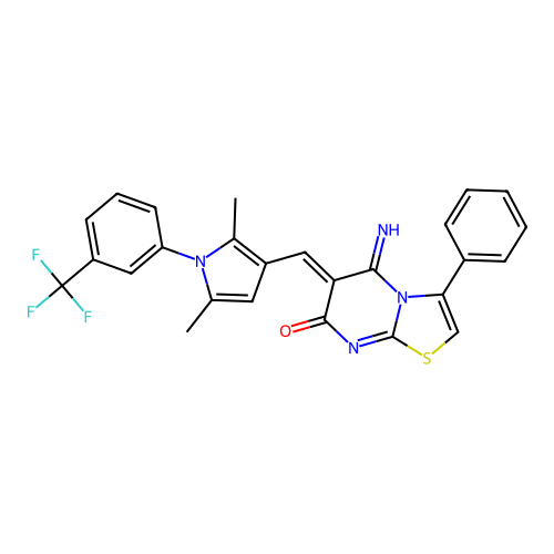 (6Z)-6-({2,5-dimethyl-1-[3-(trifluoromethyl)phenyl]-1H-pyrrol-3-yl}methylidene)-5-imino-3-phenyl-5,6-dihydro-7H-[1,3]thiazolo[3,2-a]pyrimidin-7-one structure