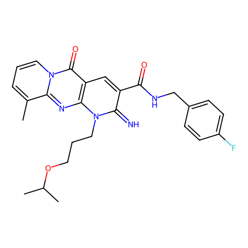 N-[(4-fluorophenyl)methyl]-6-imino-11-methyl-2-oxo-7-[3-(propan-2-yloxy)propyl]-1,7,9-triazatricyclo[8.4.0.0^{3,8}]tetradeca-3(8),4,9,11,13-pentaene-5-carboxamide structure