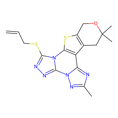 2,12,12-trimethyl-7-(prop-2-en-1-ylsulfanyl)-12,13-dihydro-10H-pyrano[4',3':4,5]thieno[3,2-e]bis[1,2,4]triazolo[4,3-a:1',5'-c]pyrimidine structure