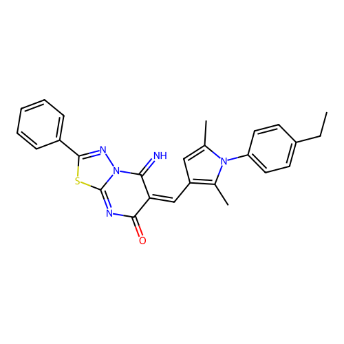 (E)-6-((1-(4-ethylphenyl)-2,5-dimethyl-1H-pyrrol-3-yl)methylene)-5-imino-2-phenyl-5H-[1,3,4]thiadiazolo[3,2-a]pyrimidin-7(6H)-one structure