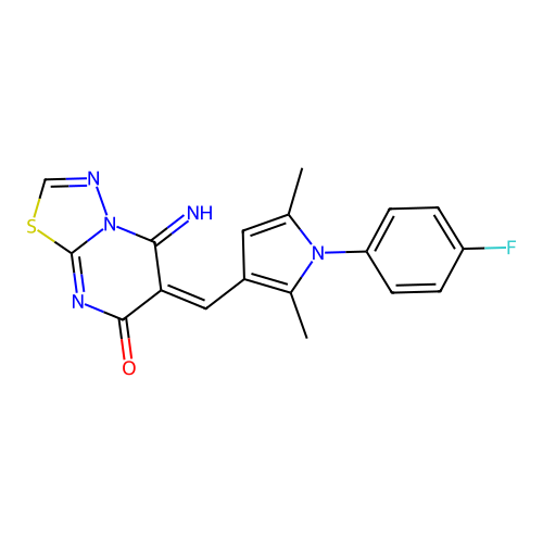 (E)-6-((1-(4-fluorophenyl)-2,5-dimethyl-1H-pyrrol-3-yl)methylene)-5-imino-5H-[1,3,4]thiadiazolo[3,2-a]pyrimidin-7(6H)-one structure