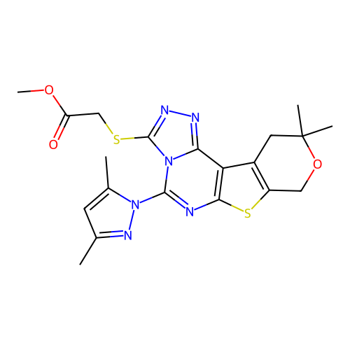 methyl {[5-(3,5-dimethyl-1H-pyrazol-1-yl)-10,10-dimethyl-10,11-dihydro-8H-pyrano[4',3':4,5]thieno[3,2-e][1,2,4]triazolo[4,3-c]pyrimidin-3-yl]sulfanyl}acetate structure
