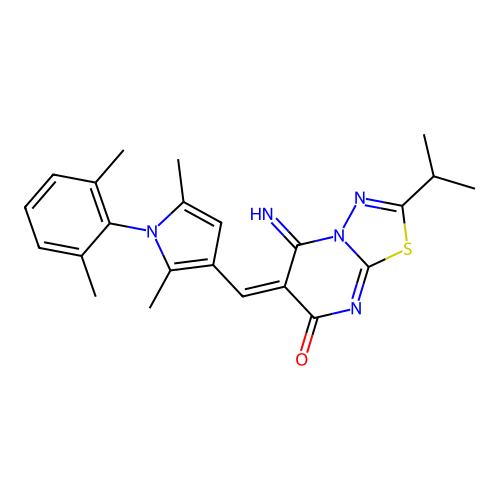 (E)-6-((1-(2,6-dimethylphenyl)-2,5-dimethyl-1H-pyrrol-3-yl)methylene)-5-imino-2-isopropyl-5H-[1,3,4]thiadiazolo[3,2-a]pyrimidin-7(6H)-one structure