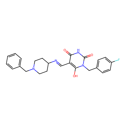 (5E)-5-[[(1-benzylpiperidin-4-yl)amino]methylidene]-1-[(4-fluorophenyl)methyl]-1,3-diazinane-2,4,6-trione structure