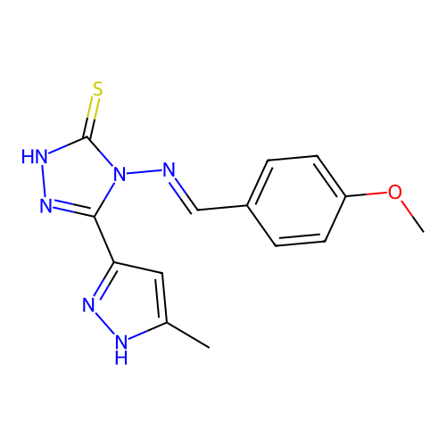 4-[(E)-(4-methoxyphenyl)methylideneamino]-3-(5-methyl-1H-pyrazol-3-yl)-1H-1,2,4-triazole-5-thione structure