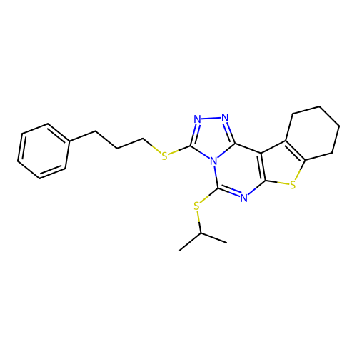 3-[(3-phenylpropyl)sulfanyl]-5-(propan-2-ylsulfanyl)-8,9,10,11-tetrahydro[1]benzothieno[3,2-e][1,2,4]triazolo[4,3-c]pyrimidine structure