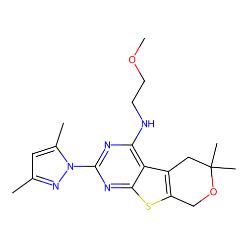 2-(3,5-dimethyl-1H-pyrazol-1-yl)-N-(2-methoxyethyl)-6,6-dimethyl-5,8-dihydro-6H-pyrano[4',3':4,5]thieno[2,3-d]pyrimidin-4-amine structure
