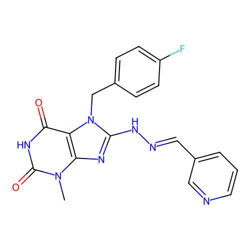 (E)-7-(4-fluorobenzyl)-3-methyl-8-(2-(pyridin-3-ylmethylene)hydrazinyl)-1H-purine-2,6(3H,7H)-dione structure