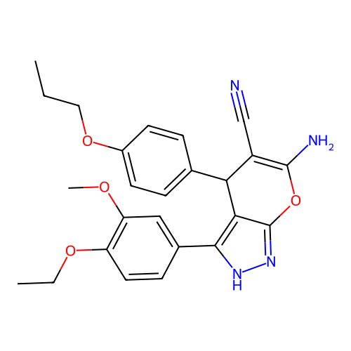 6-amino-3-(4-ethoxy-3-methoxyphenyl)-4-(4-propoxyphenyl)-2,4-dihydropyrano[2,3-c]pyrazole-5-carbonitrile structure