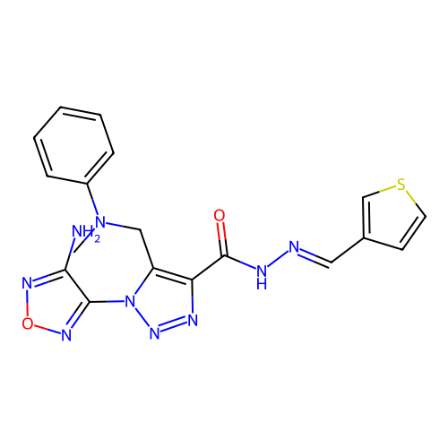 (E)-1-(4-amino-1,2,5-oxadiazol-3-yl)-5-((methyl(phenyl)amino)methyl)-N'-(thiophen-3-ylmethylene)-1H-1,2,3-triazole-4-carbohydrazide structure