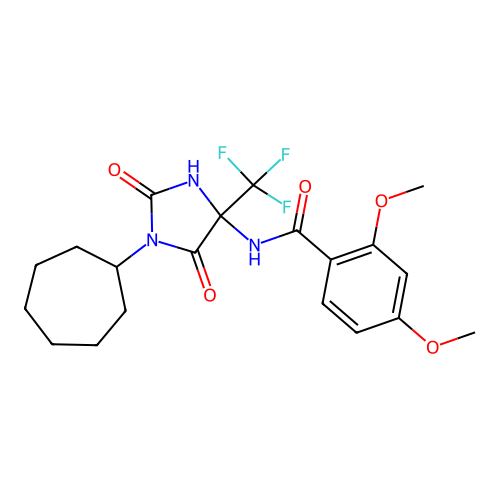 N-(1-cycloheptyl-2,5-dioxo-4-(trifluoromethyl)imidazolidin-4-yl)-2,4-dimethoxybenzamide structure