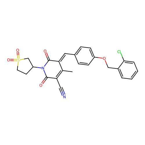 (5E)-5-[[4-[(2-chlorophenyl)methoxy]phenyl]methylidene]-1-(1,1-dioxothiolan-3-yl)-4-methyl-2,6-dioxopyridine-3-carbonitrile structure