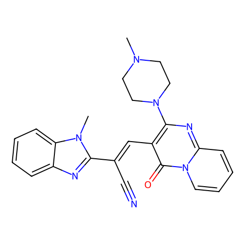 (2E)-2-(1-methyl-1H-benzimidazol-2-yl)-3-[2-(4-methylpiperazin-1-yl)-4-oxo-4H-pyrido[1,2-a]pyrimidin-3-yl]prop-2-enenitrile structure