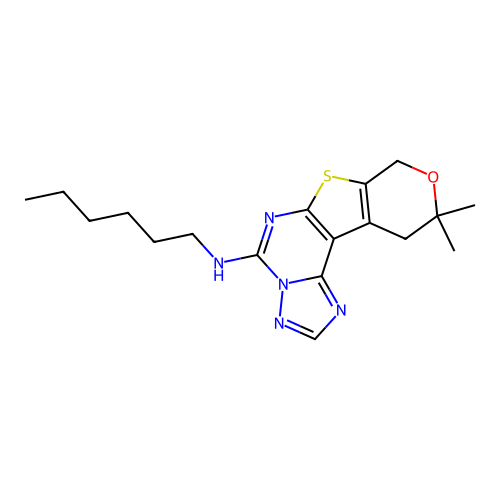 N-hexyl-10,10-dimethyl-10,11-dihydro-8H-pyrano[4',3':4,5]thieno[3,2-e][1,2,4]triazolo[1,5-c]pyrimidin-5-amine structure