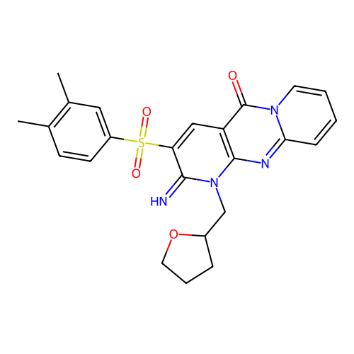 3-(3,4-dimethylphenyl)sulfonyl-2-imino-1-(tetrahydrofurfuryl)dipyrido[1,2-d:3'',4''-f]pyrimidin-5-one structure