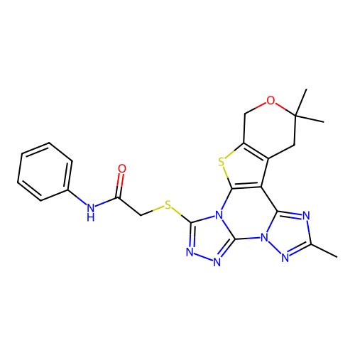 N-phenyl-2-((2,12,12-trimethyl-12,13-dihydro-10H-pyrano[4',3':4,5]thieno[3,2-e]bis([1,2,4]triazolo)[4,3-a:1',5'-c]pyrimidin-7-yl)thio)acetamide structure