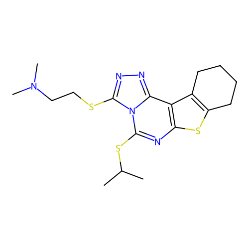 2-((5-(isopropylthio)-8,9,10,11-tetrahydrobenzo[4,5]thieno[3,2-e][1,2,4]triazolo[4,3-c]pyrimidin-3-yl)thio)-N,N-dimethylethanamine structure