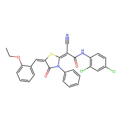 (2E)-2-cyano-N-(2,4-dichlorophenyl)-2-[(5E)-5-[(2-ethoxyphenyl)methylidene]-4-oxo-3-phenyl-1,3-thiazolidin-2-ylidene]acetamide structure
