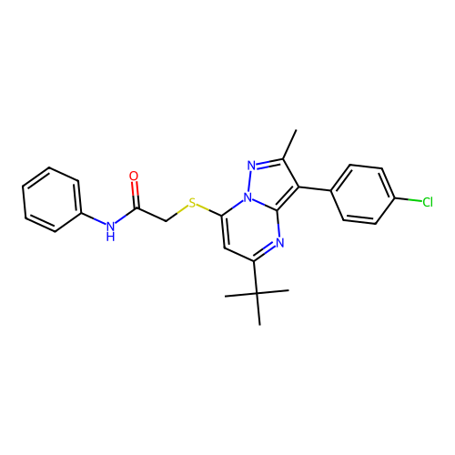2-{[5-tert-butyl-3-(4-chlorophenyl)-2-methylpyrazolo[1,5-a]pyrimidin-7-yl]sulfanyl}-N-phenylacetamide structure