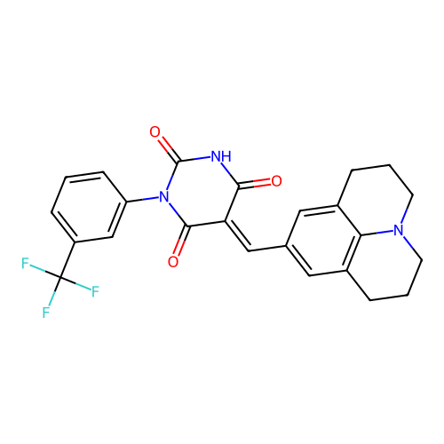 (E)-5-((1,2,3,5,6,7-hexahydropyrido[3,2,1-ij]quinolin-9-yl)methylene)-1-(3-(trifluoromethyl)phenyl)pyrimidine-2,4,6(1H,3H,5H)-trione structure