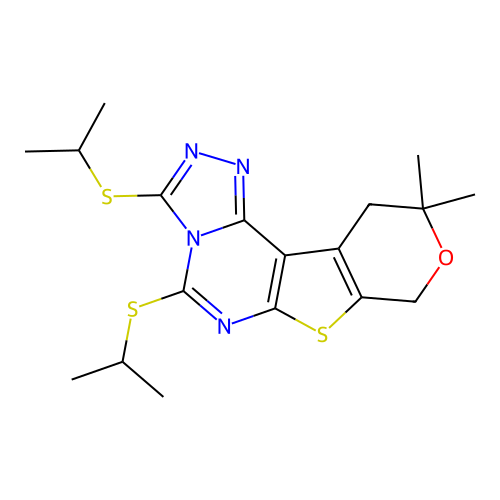 10,10-dimethyl-3,5-bis(propan-2-ylsulfanyl)-10,11-dihydro-8H-pyrano[4',3':4,5]thieno[3,2-e][1,2,4]triazolo[4,3-c]pyrimidine structure