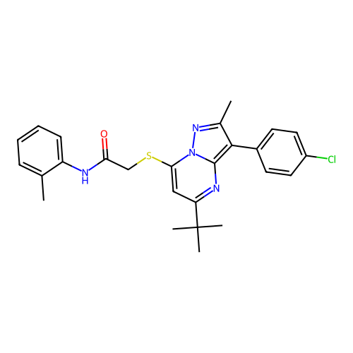 2-{[5-tert-butyl-3-(4-chlorophenyl)-2-methylpyrazolo[1,5-a]pyrimidin-7-yl]sulfanyl}-N-(2-methylphenyl)acetamide structure