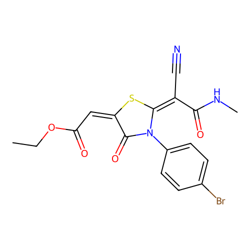 (E)-ethyl 2-((E)-3-(4-bromophenyl)-2-(1-cyano-2-(methylamino)-2-oxoethylidene)-4-oxothiazolidin-5-ylidene)acetate structure