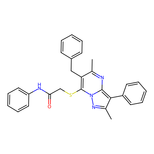 2-({6-benzyl-2,5-dimethyl-3-phenylpyrazolo[1,5-a]pyrimidin-7-yl}sulfanyl)-N-phenylacetamide structure