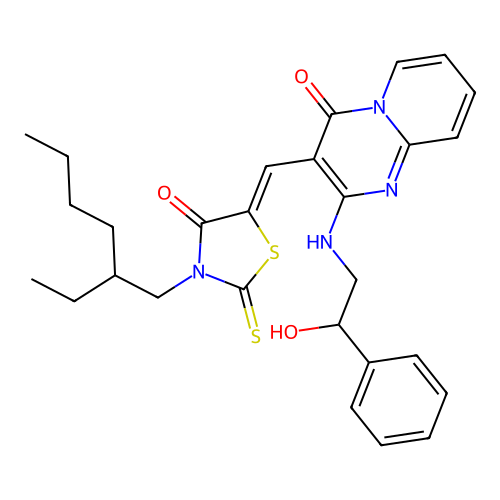 3-{(Z)-[3-(2-ethylhexyl)-4-oxo-2-thioxo-1,3-thiazolidin-5-ylidene]methyl}-2-[(2-hydroxy-2-phenylethyl)amino]-4H-pyrido[1,2-a]pyrimidin-4-one structure