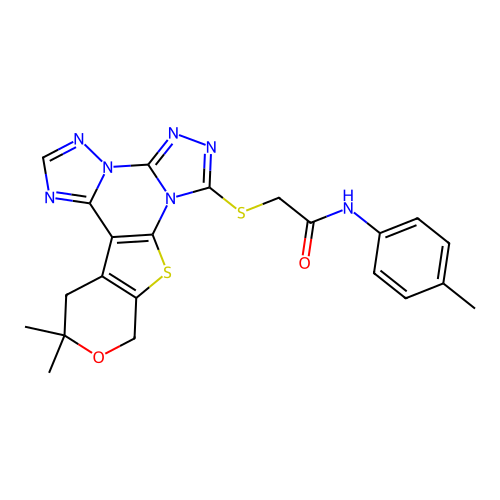 2-((12,12-dimethyl-12,13-dihydro-10H-pyrano[4',3':4,5]thieno[3,2-e]bis([1,2,4]triazolo)[4,3-a:1',5'-c]pyrimidin-7-yl)thio)-N-(p-tolyl)acetamide structure