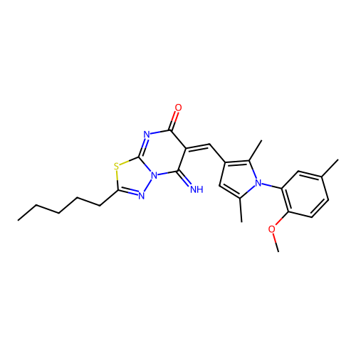 (6E)-5-imino-6-[[1-(2-methoxy-5-methylphenyl)-2,5-dimethylpyrrol-3-yl]methylidene]-2-pentyl-[1,3,4]thiadiazolo[3,2-a]pyrimidin-7-one structure