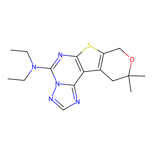 N,N-diethyl-10,10-dimethyl-10,11-dihydro-8H-pyrano[4',3':4,5]thieno[3,2-e][1,2,4]triazolo[1,5-c]pyrimidin-5-amine structure