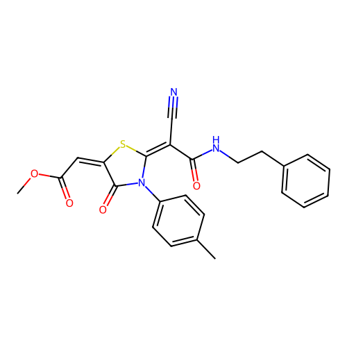 (E)-methyl 2-((E)-2-(1-cyano-2-oxo-2-(phenethylamino)ethylidene)-4-oxo-3-(p-tolyl)thiazolidin-5-ylidene)acetate structure
