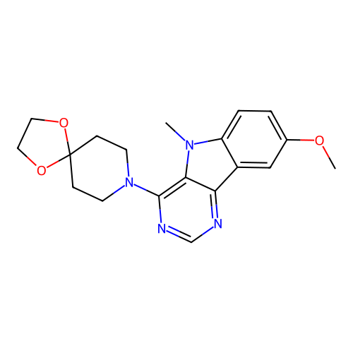4-(1,4-dioxa-8-azaspiro[4.5]dec-8-yl)-8-methoxy-5-methyl-5H-pyrimido[5,4-b]indole structure