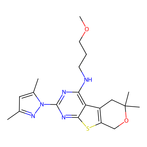 2-(3,5-dimethyl-1H-pyrazol-1-yl)-N-(3-methoxypropyl)-6,6-dimethyl-5,8-dihydro-6H-pyrano[4',3':4,5]thieno[2,3-d]pyrimidin-4-amine structure