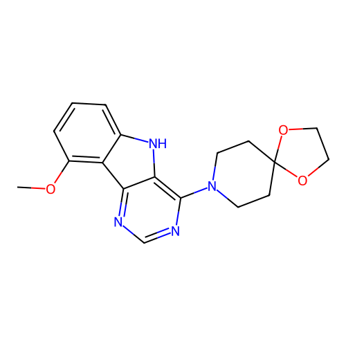 8-(9-methoxy-5H-pyrimido[5,4-b]indol-4-yl)-1,4-dioxa-8-azaspiro[4.5]decane structure