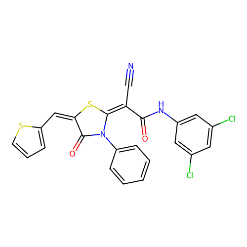 (E)-2-cyano-N-(3,5-dichlorophenyl)-2-((E)-4-oxo-3-phenyl-5-(thiophen-2-ylmethylene)thiazolidin-2-ylidene)acetamide structure